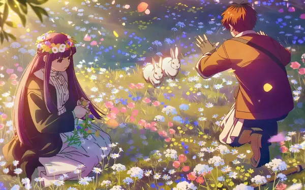 Frieren: Beyond Journey's End anime 5K Ultra HD PC wallpaper — Frieren and companion with two playful bunnies in a sunlit flower meadow.