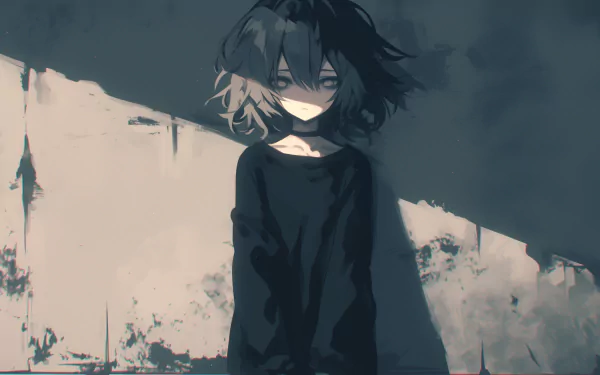 HD wallpaper of a gothic anime girl with emo aesthetics standing moodily against a dark, abstract background.
