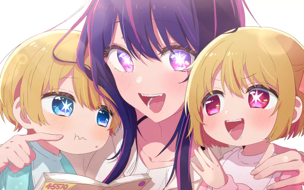 HD desktop wallpaper featuring Ruby Hoshino, Ai Hoshino, and Aquamarine Hoshino from the anime Oshi no Ko, with vibrant and cheerful expressions.
