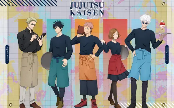 Anime HD PC desktop wallpaper featuring Jujutsu Kaisen characters in colorful aprons against a pastel grid background.