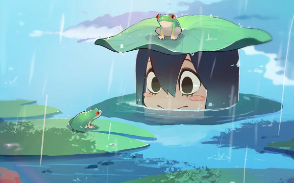 Anime character Tsuyu Asui from My Hero Academia peeks out of water with frogs and lily pads around her in a rainy scene. HD desktop wallpaper and background.