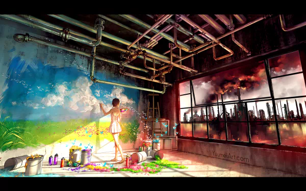 Anime-inspired HD desktop wallpaper with a girl painting a butterfly and vibrant scenery on a wall, while a window shows a smoky, fiery city outside. Tags: smoke, fire, paint, butterfly, Anime, Original.