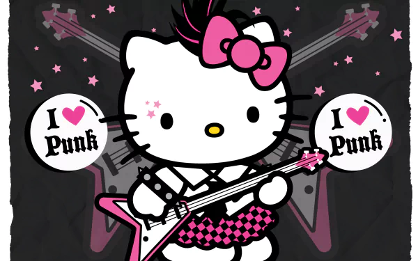 Hello Kitty in punk style playing a guitar, with I Love Punk hearts and stars, designed as a vibrant HD desktop wallpaper.