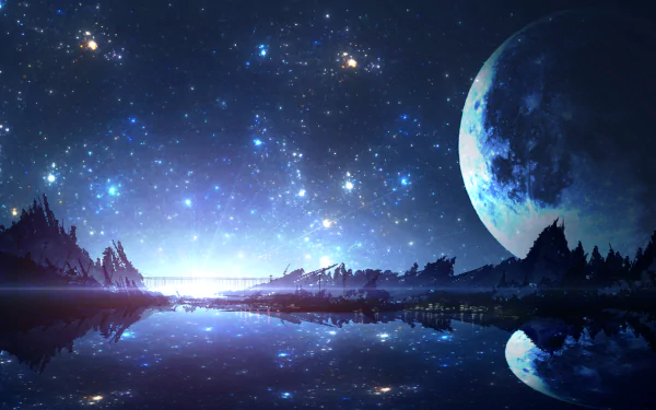 HD anime night scene with stars and a large crescent moon reflecting on a calm lake, framed by silhouetted mountains. This image is tagged with reflection, star, Anime, and night.