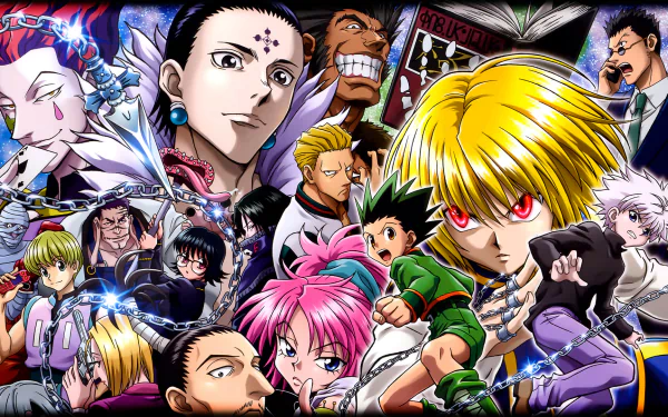 HD desktop wallpaper featuring characters from the anime Hunter x Hunter, showcasing a vibrant and dynamic collage of various figures in action poses.