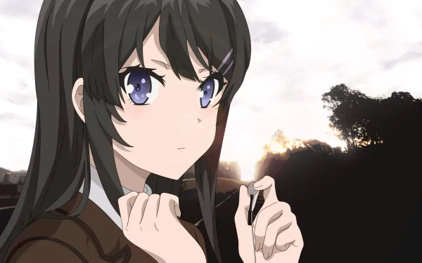 HD desktop wallpaper featuring Mai Sakurajima from Rascal Does Not Dream of Bunny Girl Senpai, depicted with an introspective look against a sunset backdrop.