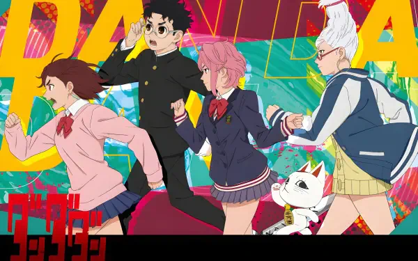 HD anime desktop wallpaper featuring dynamic characters from Dandadan in vibrant colors and energetic poses against a bold, graphic background.