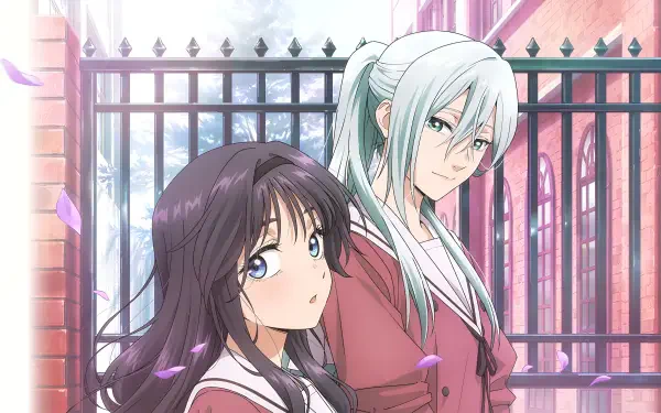 HD anime desktop wallpaper of Kaoruko Waguri and Subaru Hoshina from The Fragrant Flower Blooms With Dignity, standing by a wrought-iron gate as petals drift around them.
