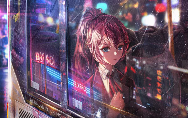 An anime girl with long hair and blue eyes wearing a school uniform stands inside a bus, with colorful city lights reflecting through the rain-speckled window. HD desktop wallpaper.