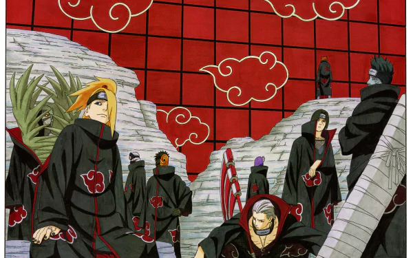 4K Ultra HD Naruto anime wallpaper featuring Akatsuki members against a red cloud-patterned background with rocky terrain.