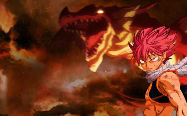 HD desktop wallpaper from Fairy Tail featuring Natsu Dragneel and the dragon Igneel against a fiery background.