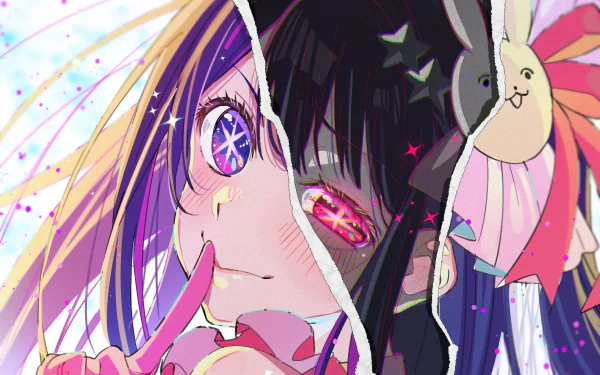 HD desktop wallpaper featuring Ai Hoshino from the anime Oshi no Ko, portrayed with vibrant colors and expressive eyes, creating a captivating background.