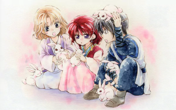 Three cute anime characters from *Yona of the Dawn*, including Yona, Hak Son, and Su-won, joyfully play with rabbits in this vibrant 4K Ultra HD wallpaper.