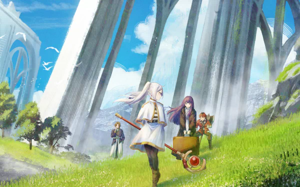 HD PC desktop wallpaper featuring characters from the anime Frieren: Beyond Journey's End in a bright, expansive landscape with towering arches and a blue sky.