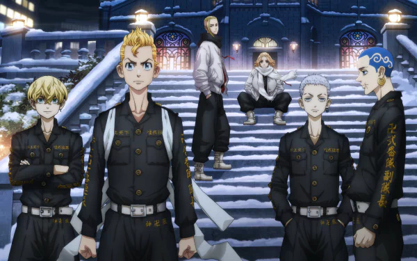 HD desktop wallpaper depicting characters from the anime Tokyo Revengers, standing in front of a snowy staircase at night. Five characters are dressed in black outfits with serious expressions.