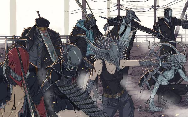 HD desktop wallpaper featuring characters from the anime Chainsaw Man, showcasing an intense and dynamic scene with multiple characters in action poses.