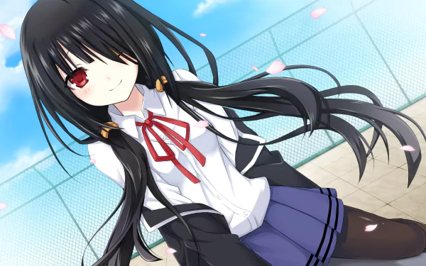 HD desktop wallpaper featuring Kurumi Tokisaki from the anime Date A Live. Kurumi's detailed illustration showcases her distinct attire and flowing hair against a bright, outdoor setting with a clear sky.