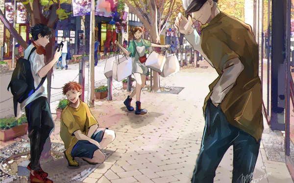 4K Ultra HD anime wallpaper featuring Nobara Kugisaki, Satoru Gojo, Megumi Fushiguro, and Yuji Itadori from Jujutsu Kaisen in a vibrant city street scene.
