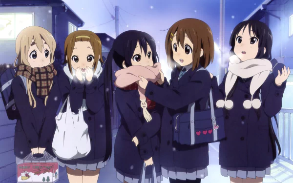 AHD wallpaper featuring Azusa Nakano, Tsumugi Kotobuki, Ritsu Tainaka, Yui Hirasawa, and Mio Akiyama in school uniforms, sharing a joyful moment in the snow.
