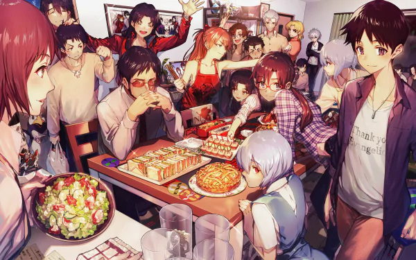 HD desktop wallpaper featuring characters from Neon Genesis Evangelion enjoying a lively gathering with food, drinks, and festive atmosphere.