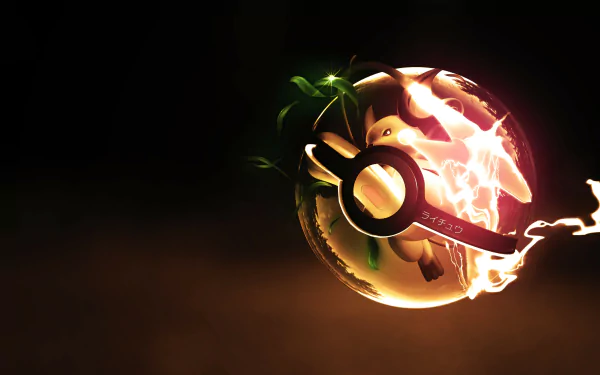 HD wallpaper featuring Raichu from Pokémon encased in a glowing, electrified Pokéball, set against a dark background. Anime-inspired artwork captures Raichu's dynamic energy.