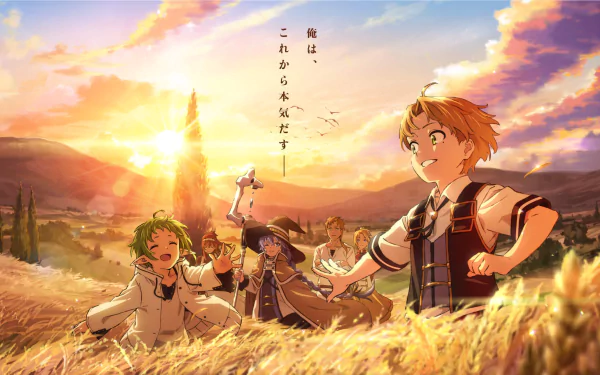 HD wallpaper of the anime Mushoku Tensei: Jobless Reincarnation featuring Zenith Greyrat, Sylphiette, Rudeus Greyrat, Roxy Migurdia, Paul Greyrat, and Lilia Greyrat in a sunset field scene.