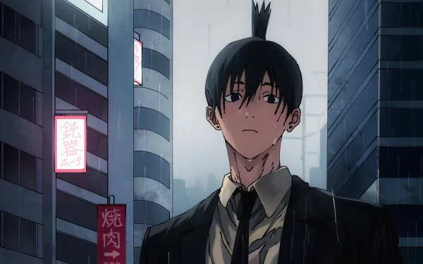 Aki Hayakawa from Chainsaw Man stands in a rainy cityscape, depicted in a detailed 4K Ultra HD anime wallpaper with moody lighting and urban skyscrapers.