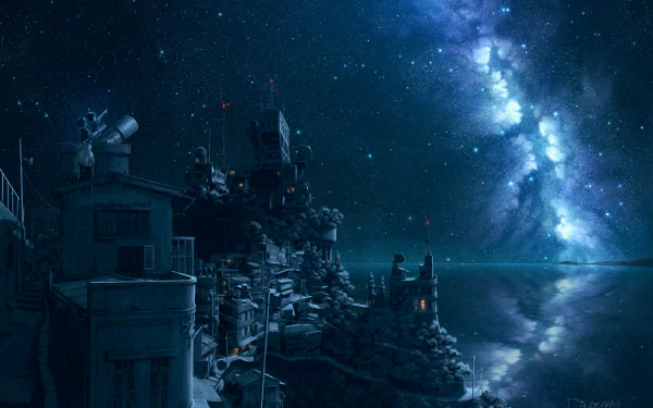 Anime-style HD wallpaper featuring a serene night scene with a detailed townscape under a starry sky, including a view of the Milky Way.