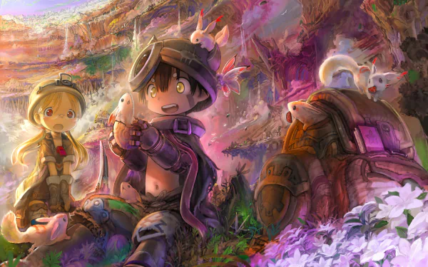 HD wallpaper of Riko and Regu from the anime Made in Abyss, depicting them in an enchanting, luminescent environment. Both characters are surrounded by small creatures, enhancing the mystical ambiance.