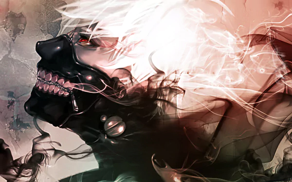 HD desktop wallpaper featuring Ken Kaneki from Tokyo Ghoul, depicted with a mask and ethereal white swirls enhancing a dramatic visual.
