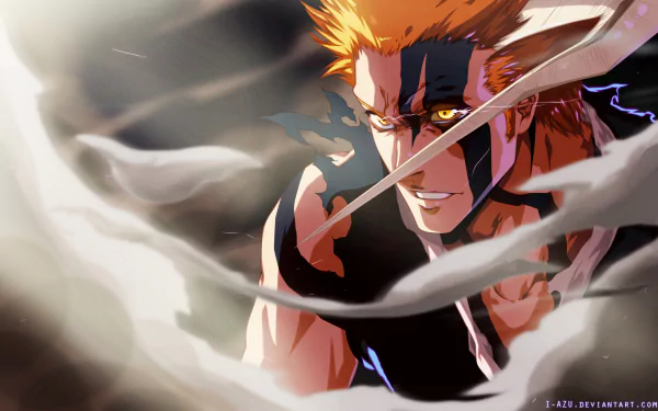 HD desktop wallpaper featuring Ichigo Kurosaki from the anime Bleach, captured in an intense action scene with his sword amidst swirling smoke.