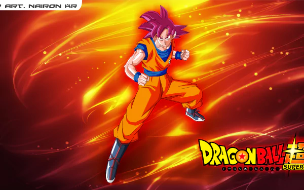 HD desktop wallpaper featuring Goku in his Super Saiyan God form from Dragon Ball Super anime. Goku is in a dynamic pose with a fiery background and the Dragon Ball Super logo in the corner.