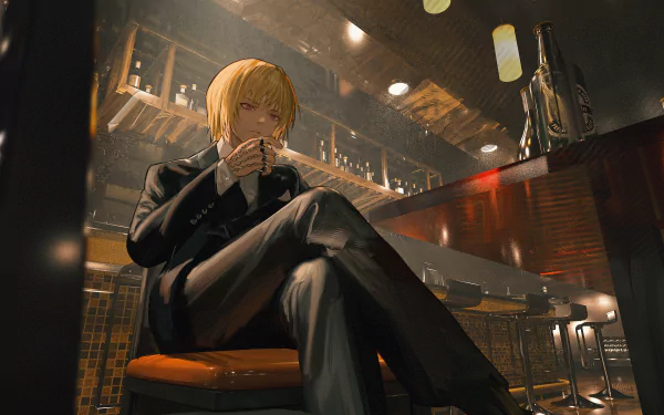 Kurapika from Hunter × Hunter sits elegantly in a dimly lit bar, holding a drink. This 4K Ultra HD image captures the anime character in a stylish, serene moment.