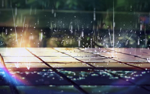 Anime-style HD desktop wallpaper featuring a serene nature scene with rain droplets gently falling on a tiled surface.