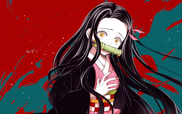 HD desktop wallpaper featuring Nezuko Kamado from the anime Demon Slayer: Kimetsu no Yaiba. The background combines red and turquoise hues, enhancing the character’s striking appearance.