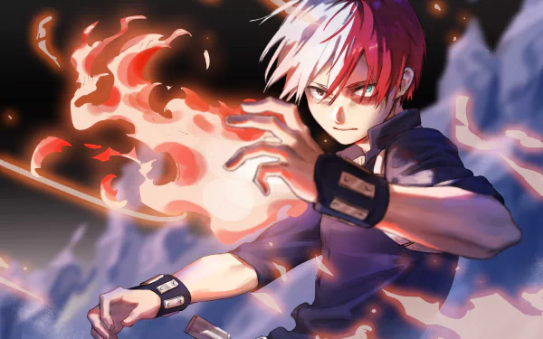 HD desktop wallpaper featuring Shoto Todoroki from My Hero Academia, showcasing his fire and ice powers with a dynamic and intense background.