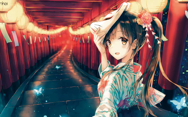 HD desktop wallpaper featuring an anime girl in traditional attire, holding a paper in a lantern-lit pathway.