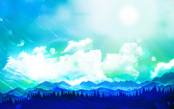 Anime landscape scenery featuring a forest and mountains under a bright, cloud-filled sky. The HD wallpaper depicts vibrant, colorful nature, blending serene wilderness with artistic style.
