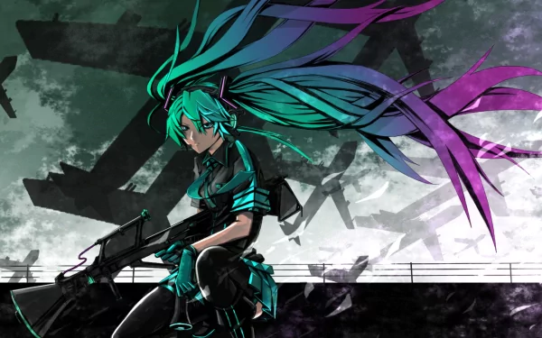 A vibrant HD wallpaper and background depicting Hatsune Miku from the Vocaloid song Love is War. The anime-styled illustration features Miku holding a gun, with long flowing blue and purple hair against a dramatic backdrop.