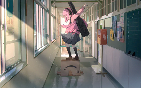 HD anime desktop wallpaper featuring Hitori Gotou from Bocchi the Rock! balancing on a box in a sunlit school hallway with her guitar case on her back.