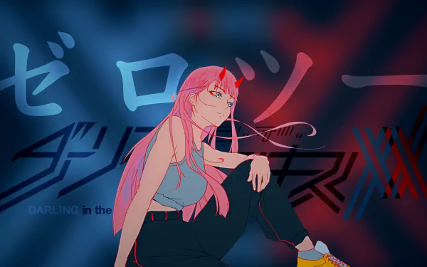 HD desktop wallpaper featuring Zero Two from the anime 'Darling in the FranXX'. The background has the anime's name in Japanese characters and vibrant colors.