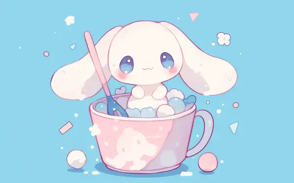 A cute Cinnamoroll character from Sanrio sits in a pink cup filled with fluffy clouds, surrounded by pastel shapes against a vibrant blue background. An enchanting anime-style wallpaper.