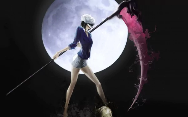 A striking anime-inspired HD wallpaper featuring a character wielding a scythe under a full moon, creating an intriguing and captivating dark atmosphere.