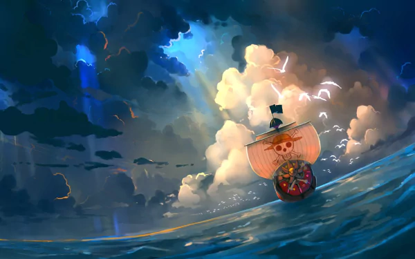 HD desktop wallpaper of the Thousand Sunny ship from the anime One Piece, sailing under a dramatic sky with clouds and sunlight breaking through.