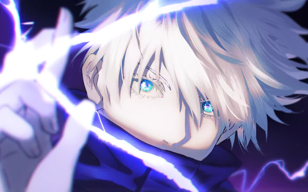 HD desktop wallpaper featuring Satoru Gojo from Jujutsu Kaisen with blue eyes and white hair, showcasing intense and vivid anime artwork.