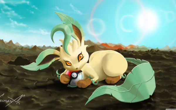 A vibrant HD wallpaper featuring Leafeon, the Grass-type Pokémon, in an anime style. The character is nestled in dirt, holding a Poké Ball, with a scenic sky in the background.