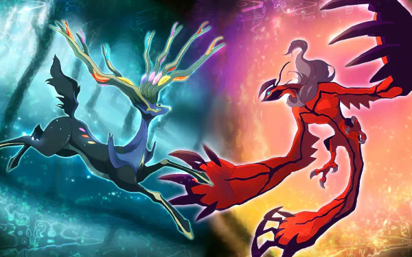 Vivid HD wallpaper featuring iconic Pokémon Xerneas and Yveltal, set against a dynamic background of contrasting colors, blending anime style with a captivating design.