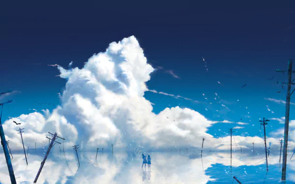 A beautiful HD anime wallpaper featuring a vast, cloud-filled sky, telephone poles reflected in calm water, and two characters in skirts standing in the distance.
