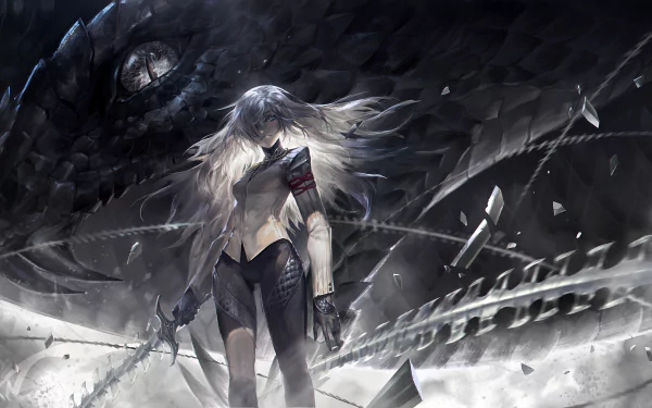 HD desktop wallpaper depicting an anime warrior with a whip, standing boldly before a gigantic snake, rendered in dramatic grayscale tones.