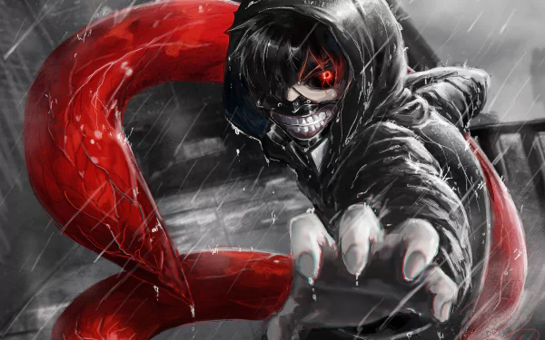 HD wallpaper of Ken Kaneki from Tokyo Ghoul, featuring him with a mask, hoodie, and red kagune, his red eyes striking under the rain.